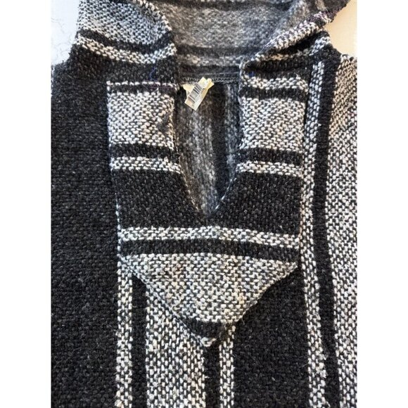 Mexican Poncho Small Baja Woven Blanket Jacket Hippie Pullover Black White - Picture 12 of 12